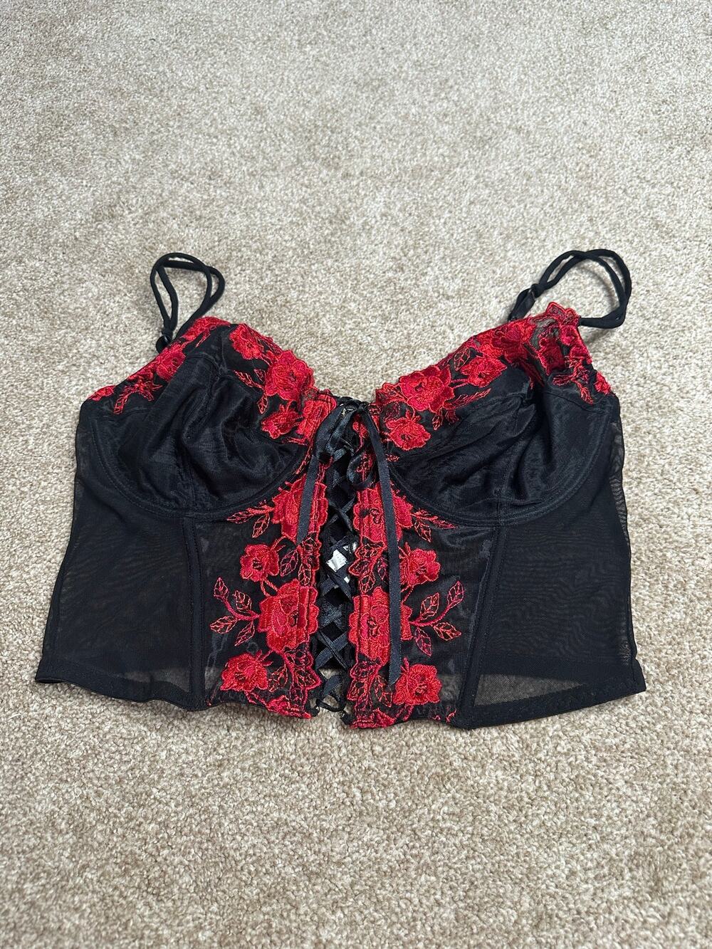 Vintage Y2K Black And Red Lace Front Corset Bra Top Size 40C
